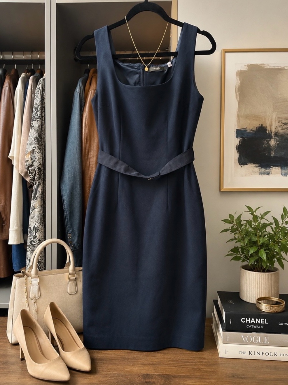 Tahari Navy Sheath dress with waist belt accent classic career cocktail dress